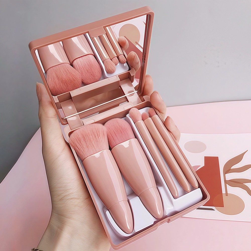 Mini Espelho De Maquiagem Portátil Com 5 Pcs Pincéis De Maquiagem Lupa Mão Segurar Bolso Dobrável Maquiagem Bel
