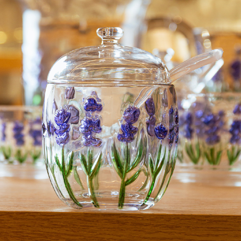 Açucareiro Porta Açucar Lyor Lavanda em Cristal Requintado Luxo Hand Painting 300g Mesa Posta com Colher Transparente
