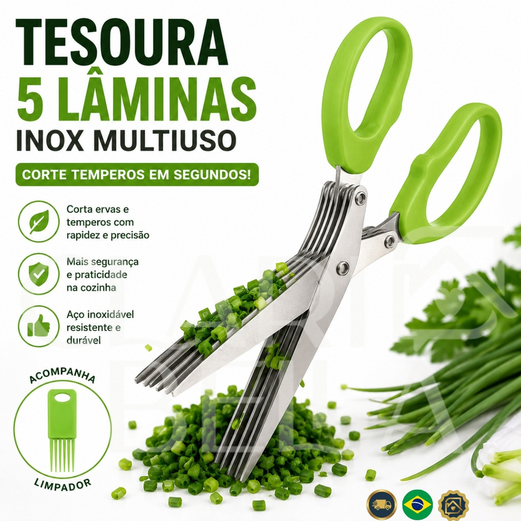 Tesoura Multiuso 5 Lâminas Inox Para Temperos Ervas Verduras Cozinha Profissional